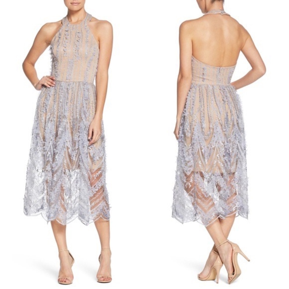 Dress the Population Valerie blue appliqué halter neck midi dress Size XL